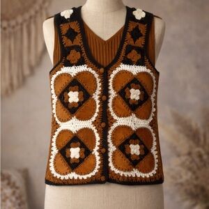 Vintage Boho Crochet Granny Square Vest Brown Black White Retro 70s